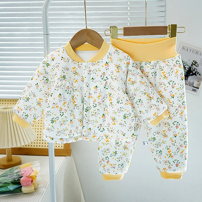 Baby Girsl Winter Coat Suit Clothes Floral Outfit Set Children's Outerwear Jacket Tops +Pants 2PC 0-8Yeas