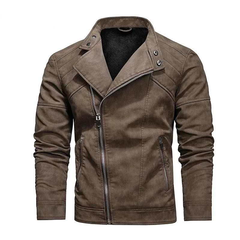 

Fashion New Biker PU Jackets Slim Overcoat Military Leather Jacket Men Winter Fleece Warm Diagonal Zipper Motorcycle Coats Mens