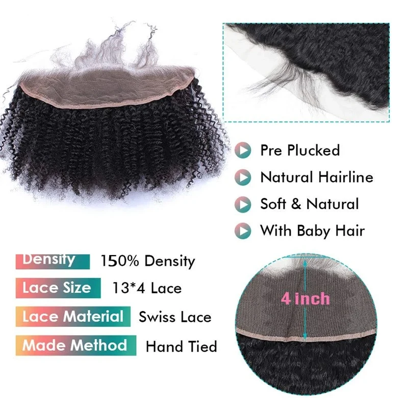 Afro Kinky Curly Lace Frontal 13x4 Ear To Ear Brazilian Remy Hair 150% Density