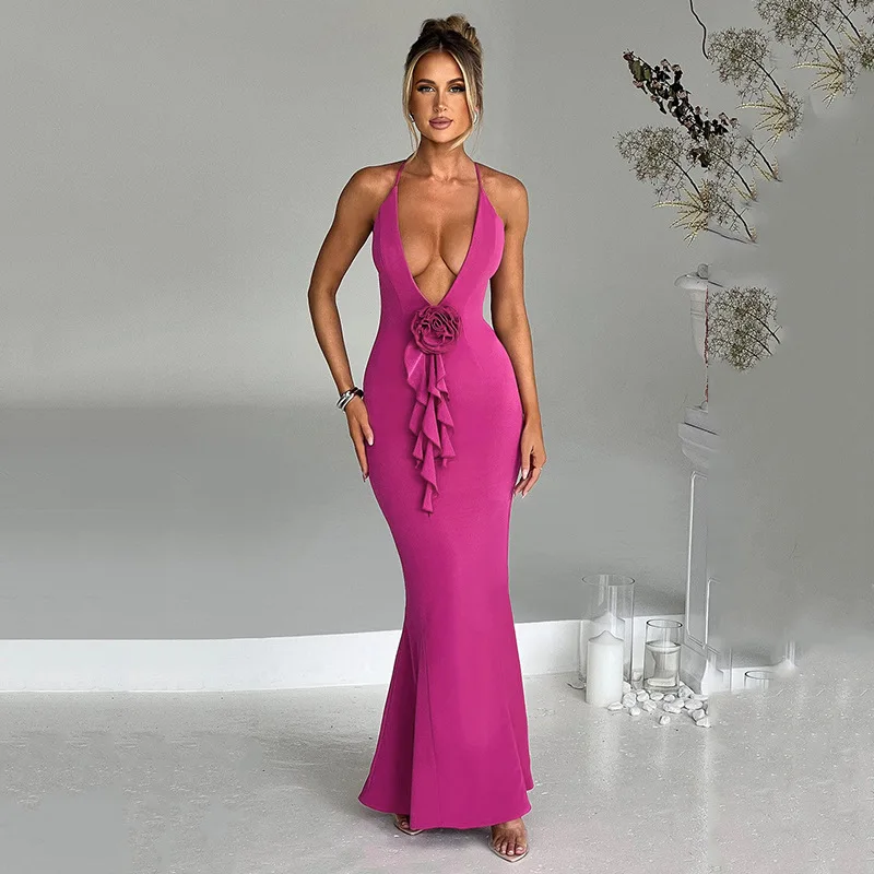 

CINESSD Solid Color Hanging Strap Deep V Women Dress 2024 Spring Three Dimensional Flower Slim Package Hip Party Vestidos WS821