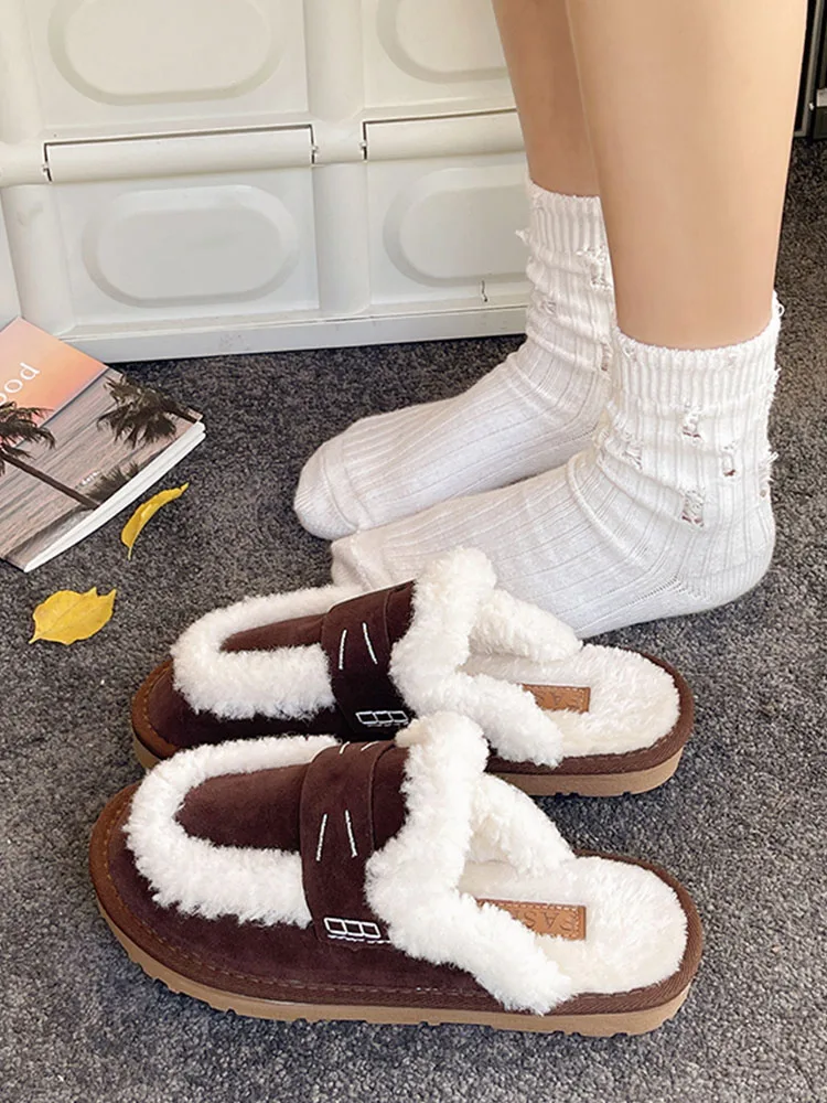 

Winter Woman Slipper Shallow Flat Shoes Female Fur Flip Flops Loafers Pantofle Cover Toe Low Slides Plush 2023 with fur Rubber B