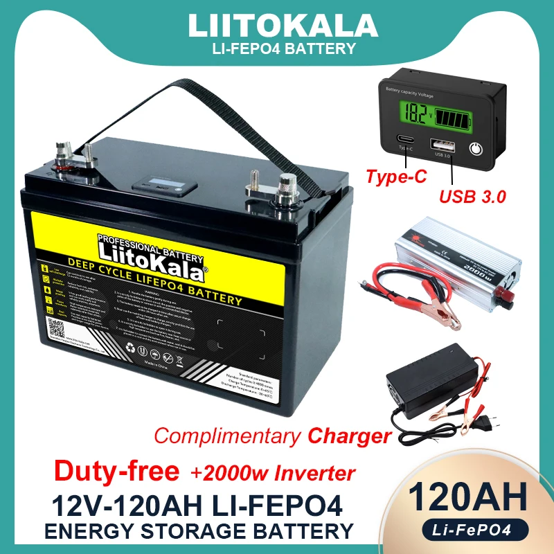 LiitoKala 12V 180a 160ah 120ah LiFePO4 bateria na zewnątrz samochodów turystycznych wielofunkcyjne USB 3.0 typu C wyjście 2000w ładowarka inwerterowa