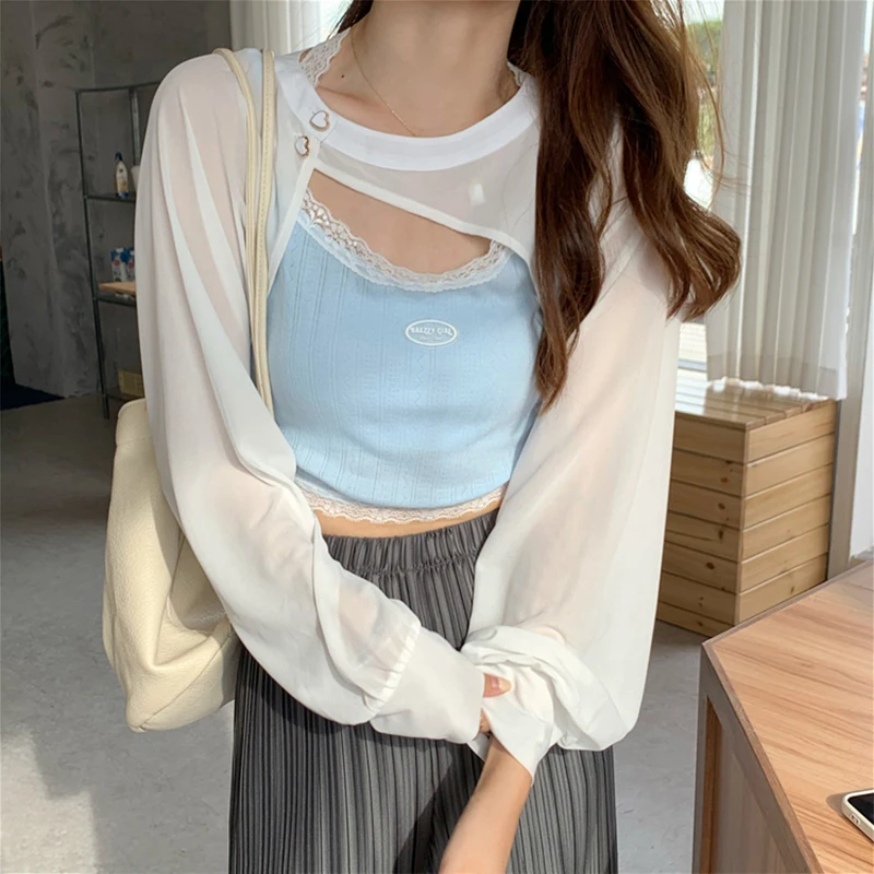 swim suit coverups Pearl Diary Chiffon Sunscreen Shirt Capelet Summer Short White Long Sleeve Top Women Irregular    All-match  Fashion  T-Shirt mesh bikini cover up Cover-Ups