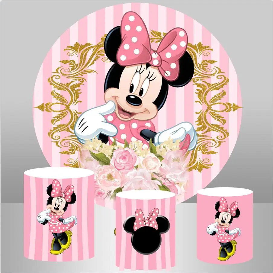 Pink Minnie Mouse Circle Background Girls Birthday Party Decoration Round  Photography Backdrop Pedestal Cylinder Table Covers - AliExpress, image size:904x904