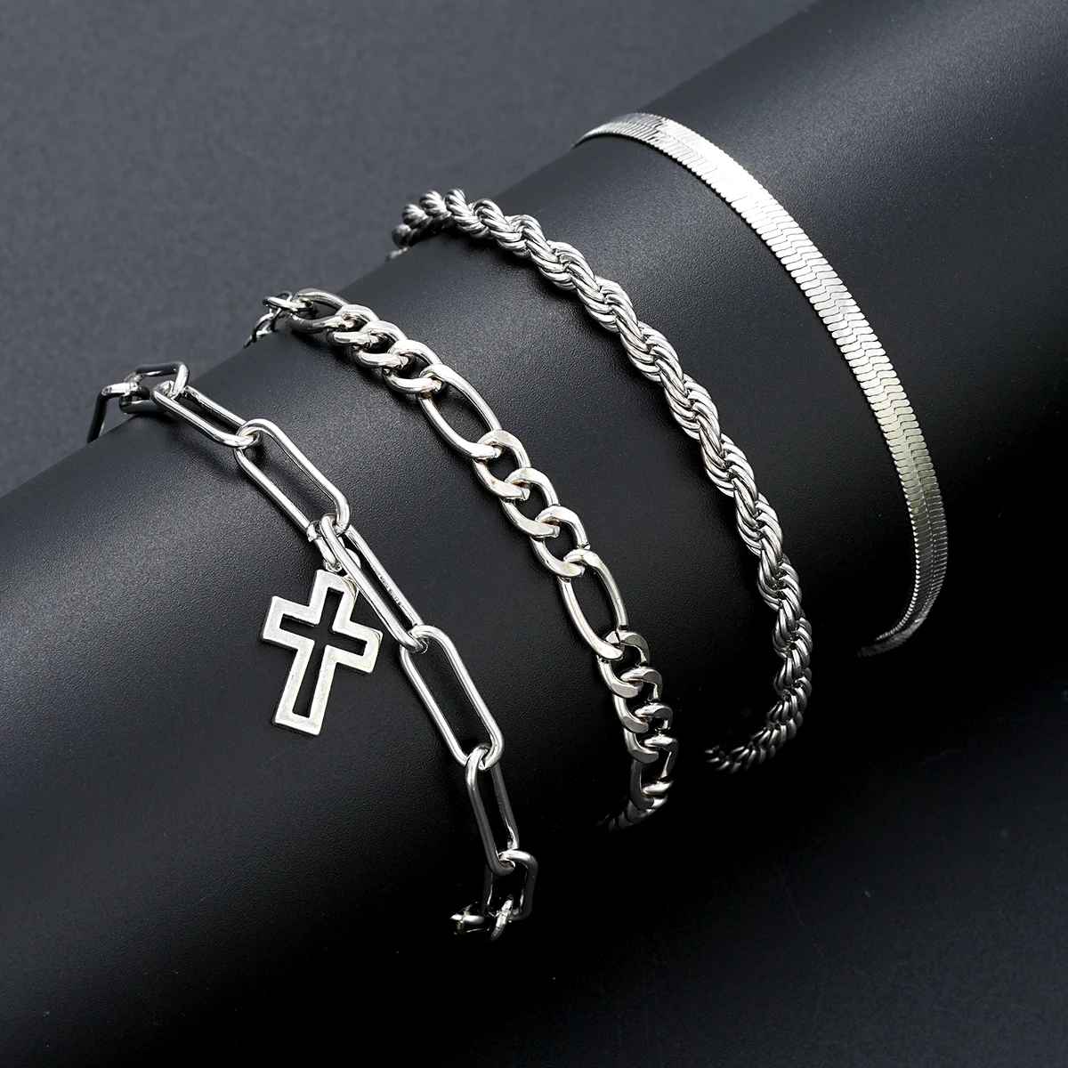 10 Pcs Casual Street Punk Stainless Steel Hollow Cross Pendant Necklace Bracelet Ring Fashion Jewelry Set For Men Women Gift New