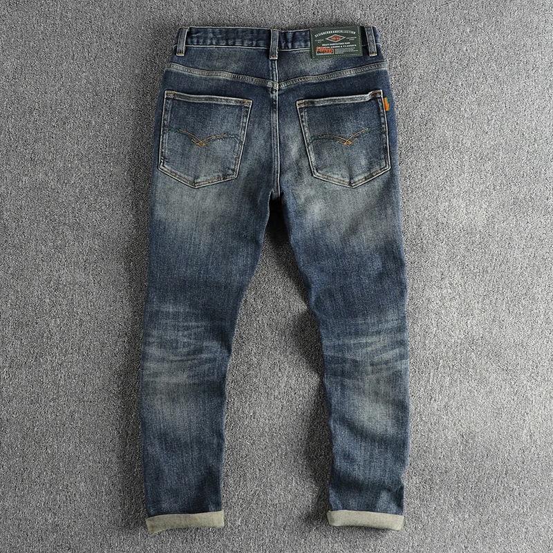Waist Embroidery Denim Jeans for Men Dark Blue Washed Slim Fit Straight Pants Autumn Youth Male Cityboys American Vintage Casual 2