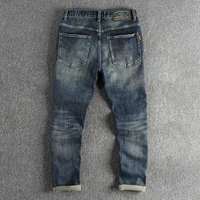 Waist Embroidery Denim Jeans for Men Dark Blue Washed Slim Fit Straight Pants Autumn Youth Male Cityboys American Vintage Casual 2