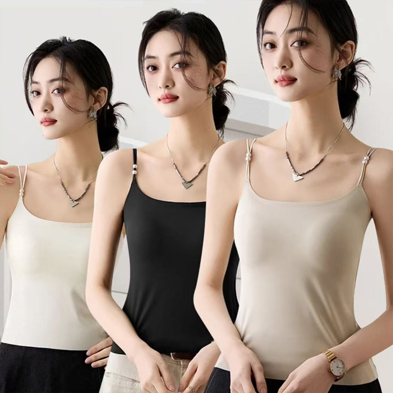 Women Ice Silk Traceless Camisoles Vest Girls Sexy Double Strap Sleeveless Thin Top with Cup Underwear Summer Seamless Bralette