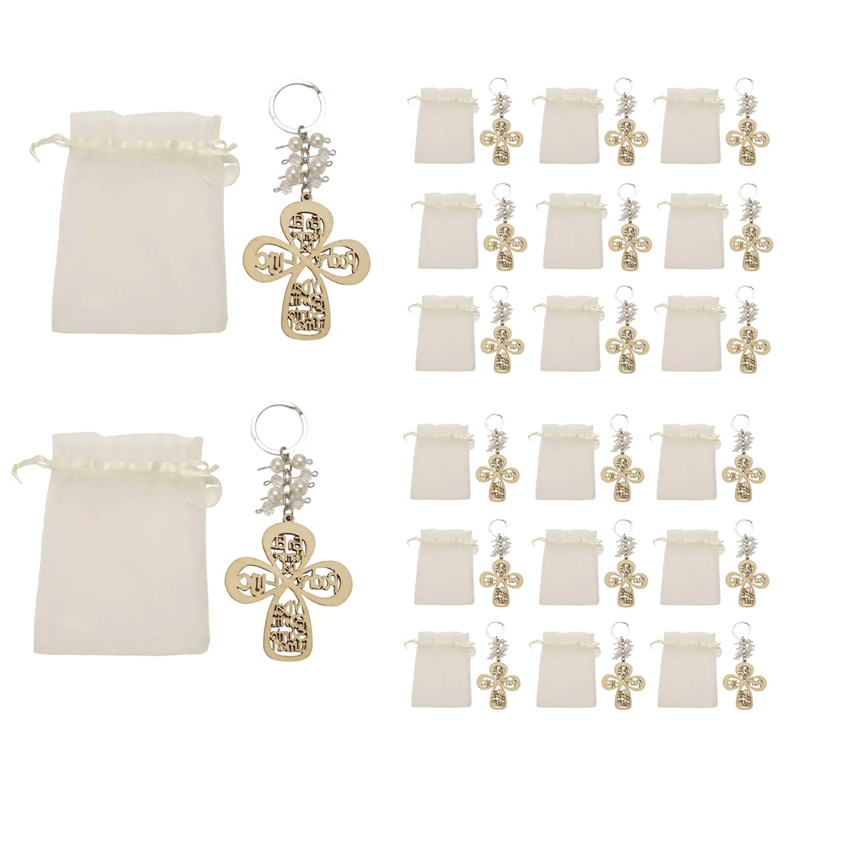 새로운 20Pcs 세례 호의 키 체인 크로스 나무 열쇠 고리 세례 나무 디자인 키 링 첫 성찬식을위한 가방