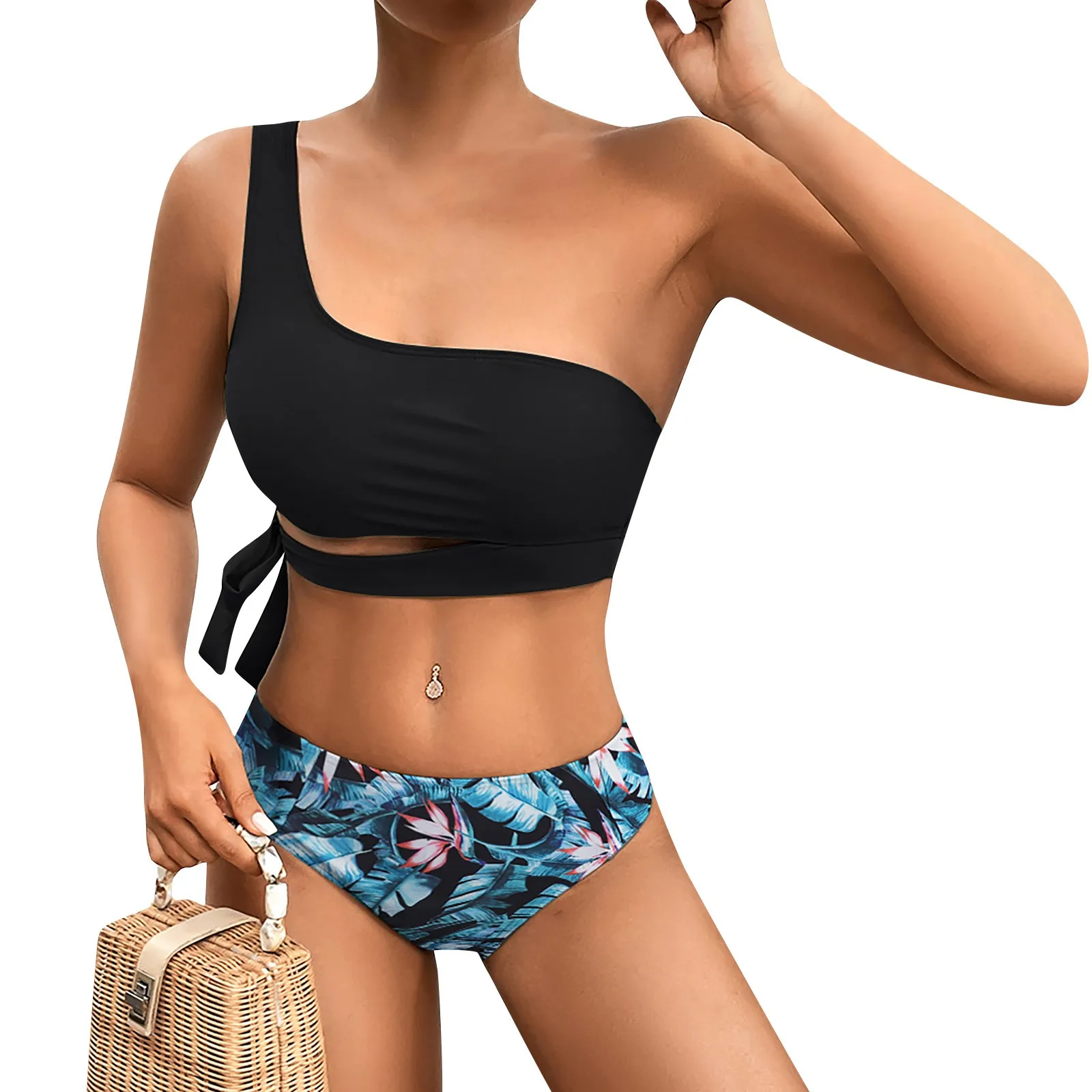 

Женский комплект бикини, модный трендовый топ на одно плечо с завязками сзади, трусики для плавания со средней талией, повседневный пляжный раздельный купальник из двух предметов