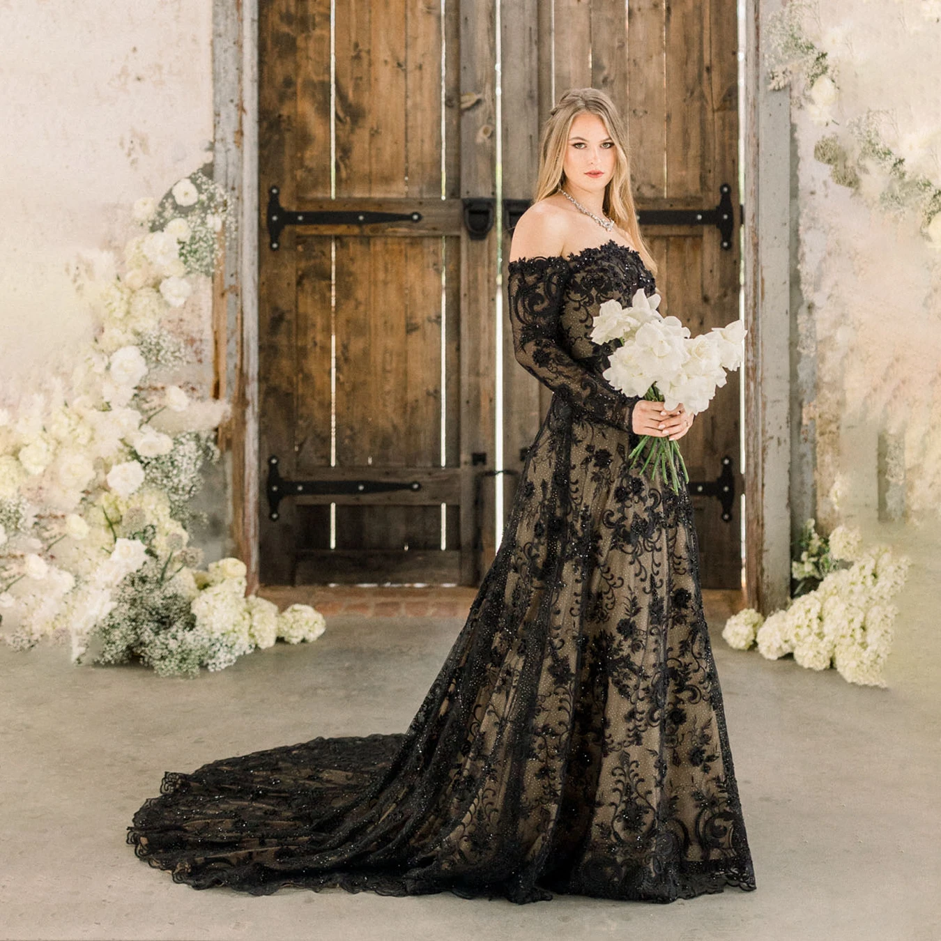 Black Long Sleeve Beading Wedding Dress Customized Off Shoulder Customized  Gothic Lace Two Tone Lace Up Cirsscross Bridal Gown - AliExpress 320