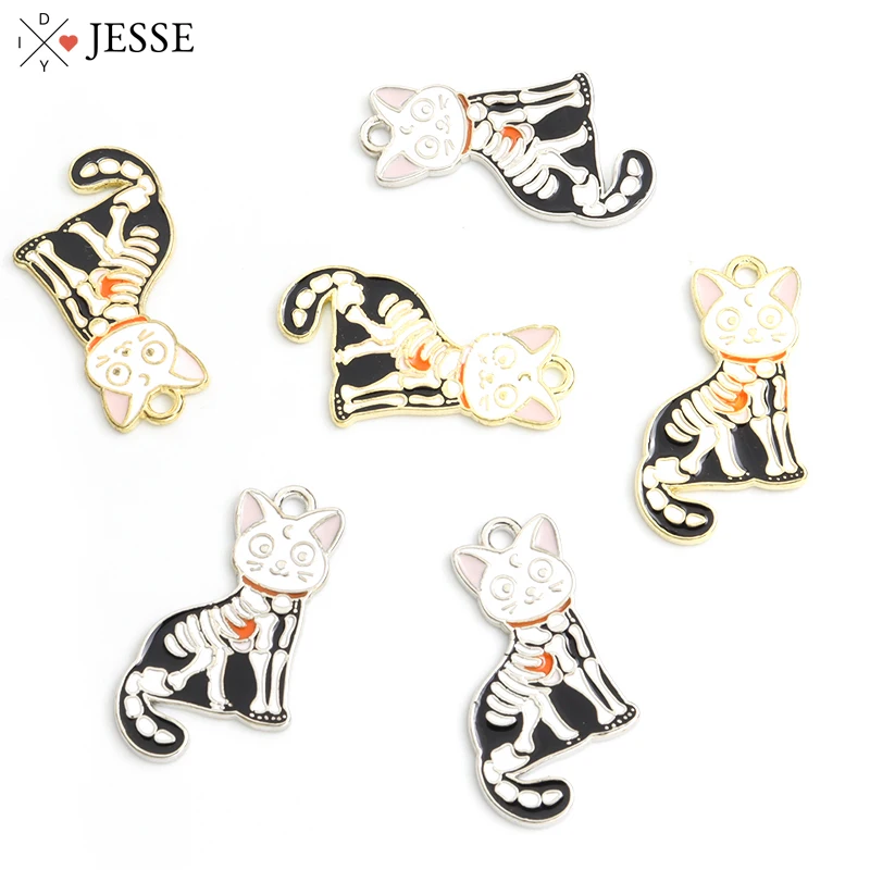 

10pcs Cartoon Skeleton Cat Enamel Charms Gothic Animal Kitten Metal Pendants For DIY Halloween Jewelry Earrings Necklaces Crafts