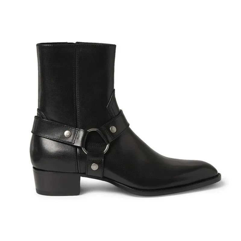 Men's Short Boots Black Genuine Leather Zip Business Low-heeled Handmade Ankle Boots for Men Zapatos Hombre
