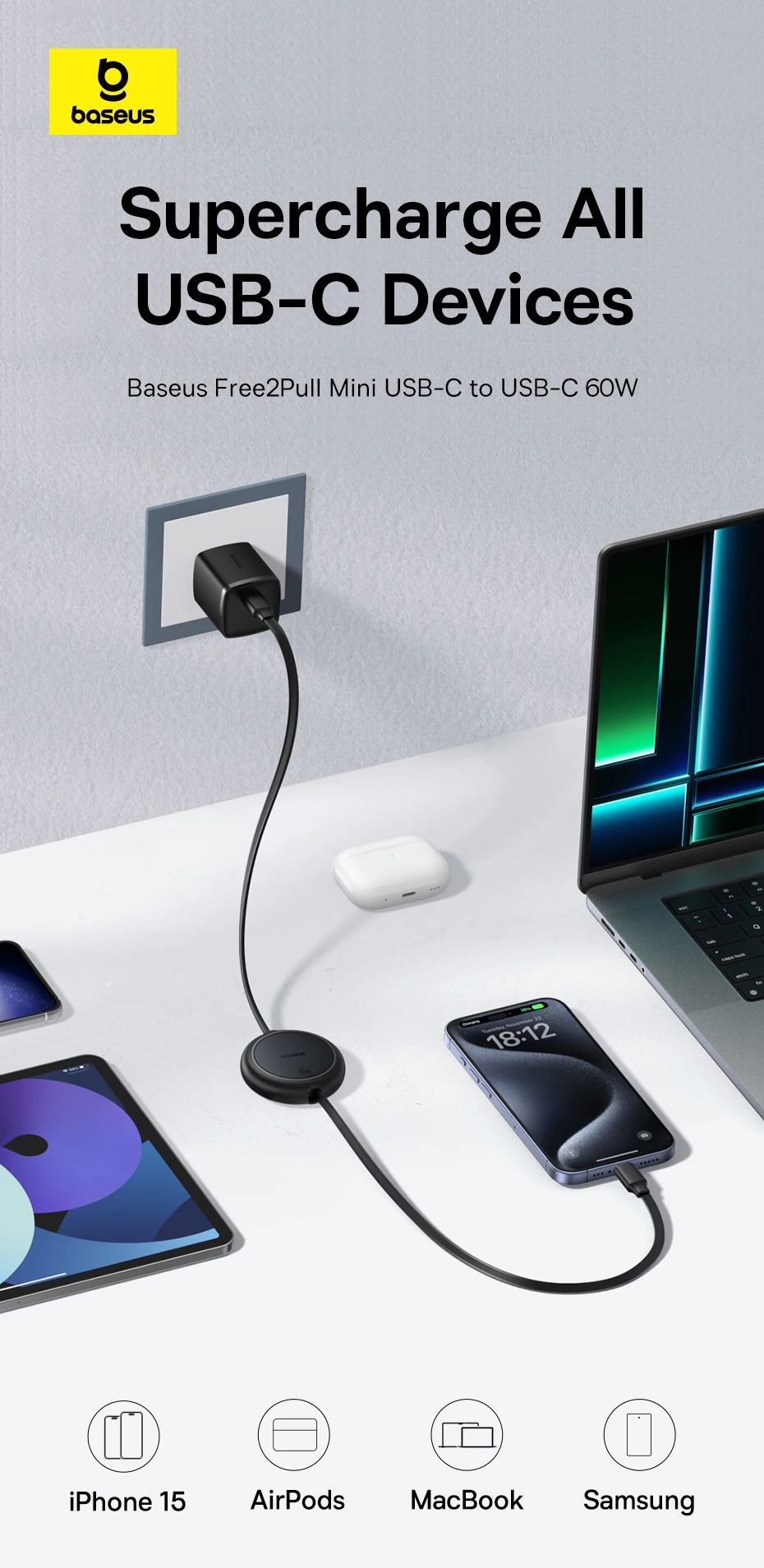 Baseus 60W Retractable USB-C to USB-C Fast Charging Cable