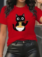 S-3XL T-Shirt Foodie Lover T Shirts Black Cat Noodle T-Shirts Retro Casual Short Sleeve Tshirt for Men Women Clothes
