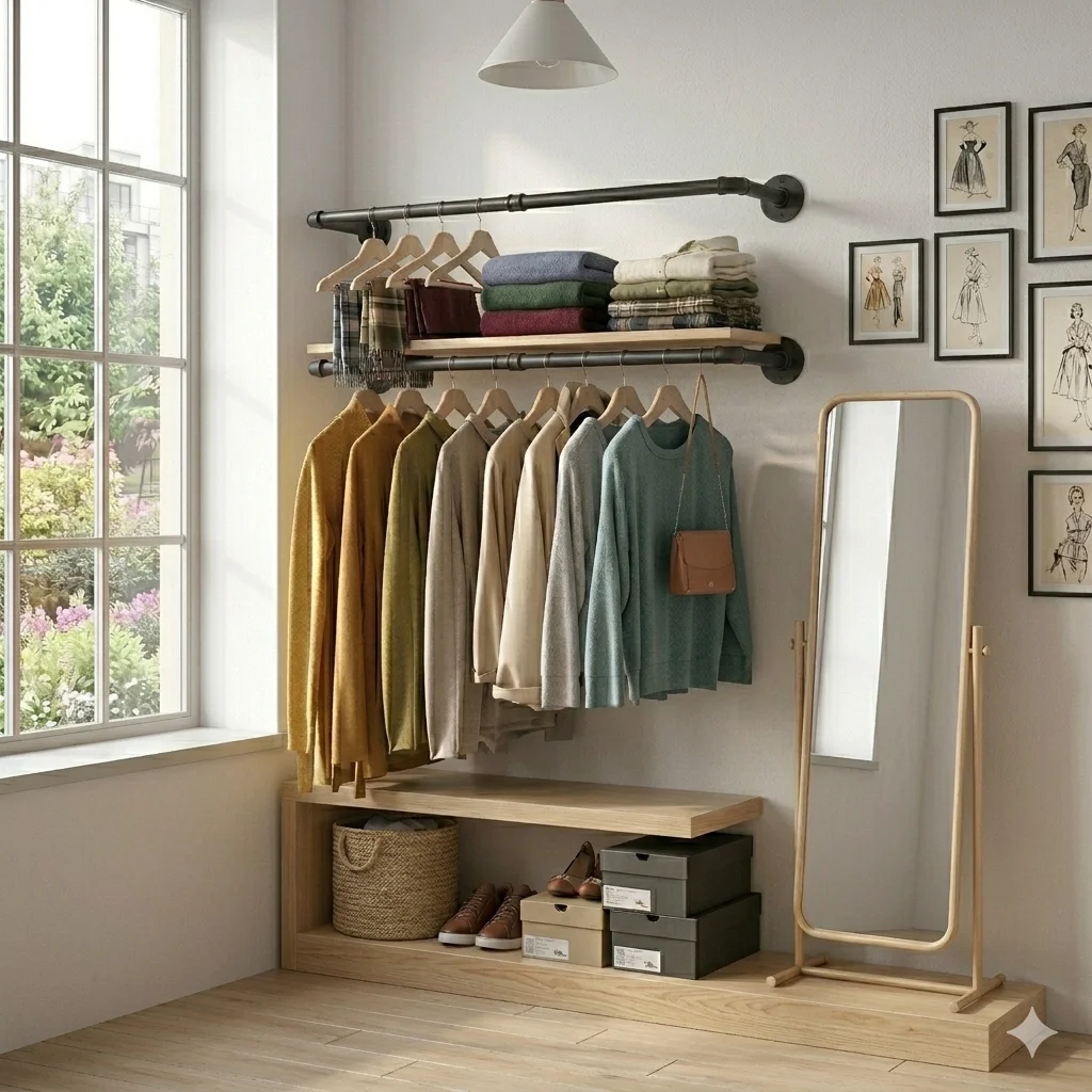 Wall Mounted Industrial Pipe Clothes Hanger Rack Space-Saving Hanging Rod Rail for Home Organization