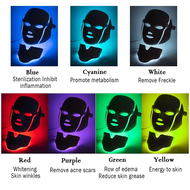 7-color LED facial mask, with neck light treatment facial , skin regeneration, anti acne beauty equipment, and firmin