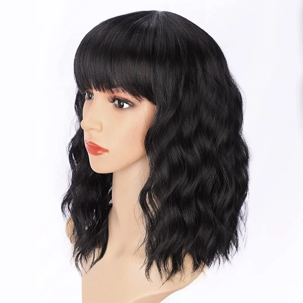 AISI HAIR Bob Curly  Synthetic Short Black Wig with Bangs Natural Looking WIG
