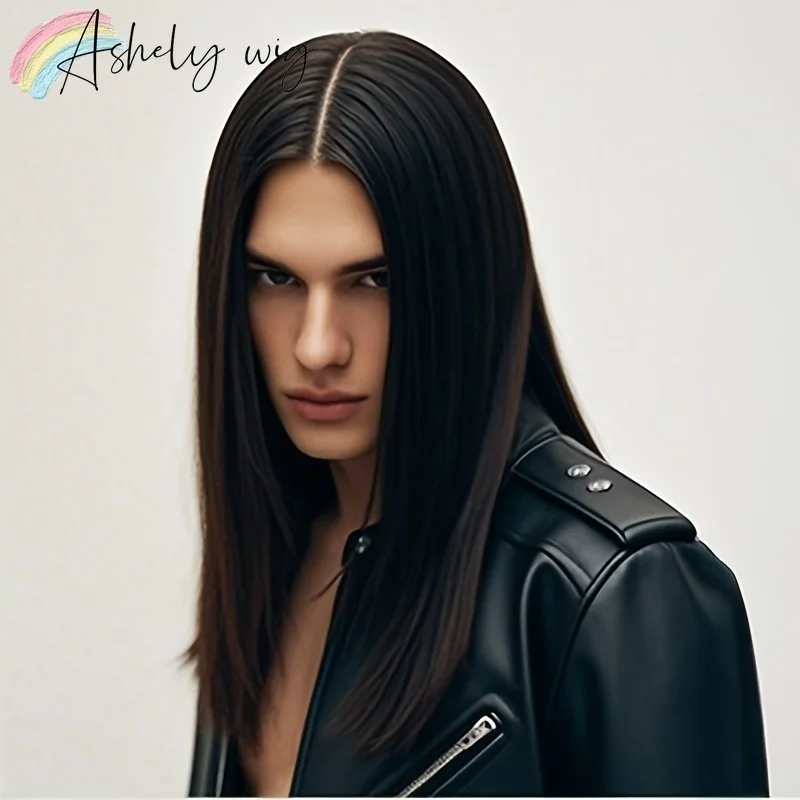 Men'S Black Long Straight Synthetic Wig Realistic Rock Style with Bangs for Cosplay Themed Parties Easy Snap Closure Party