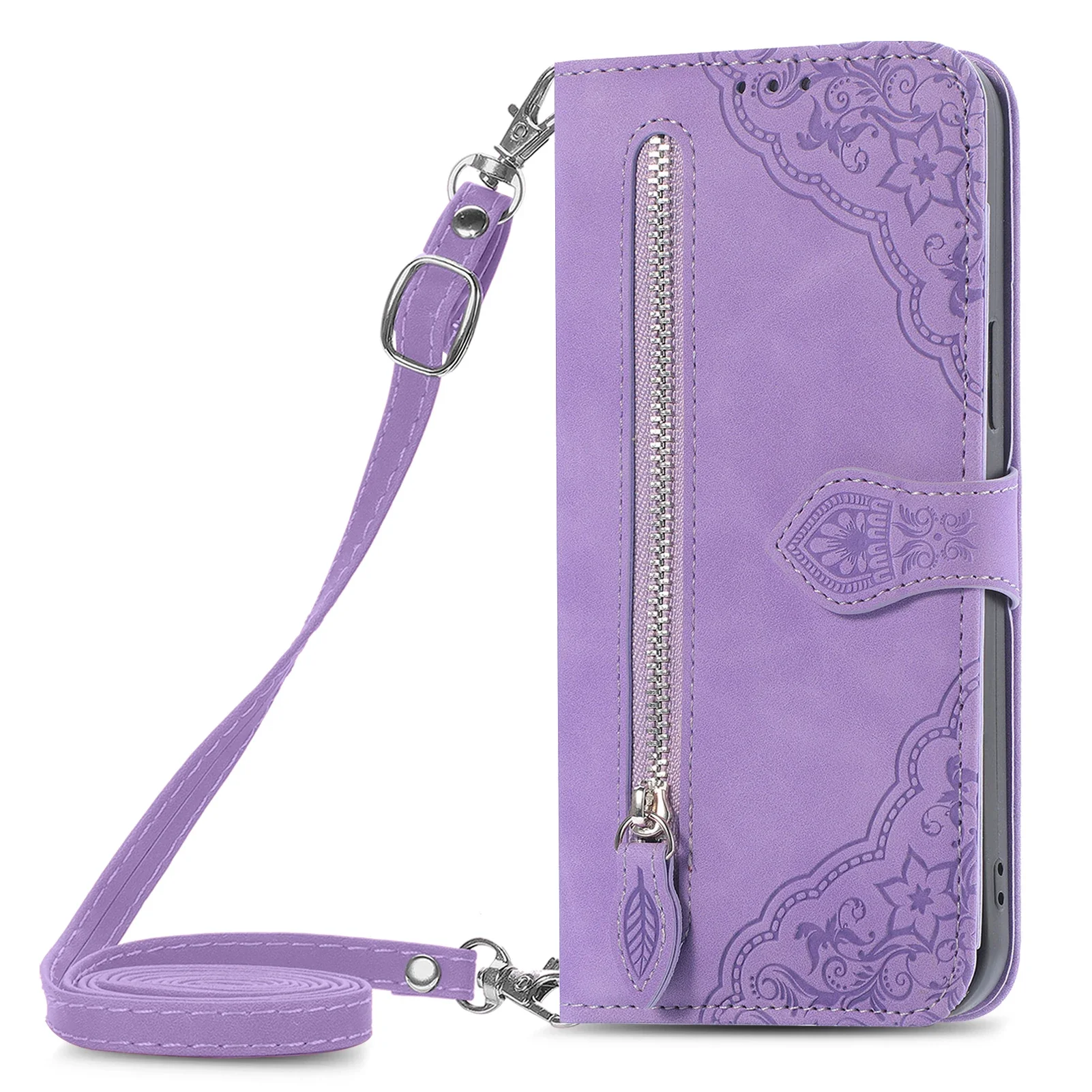 Leather Lanyard Zipper Wallet Crossbody Case
