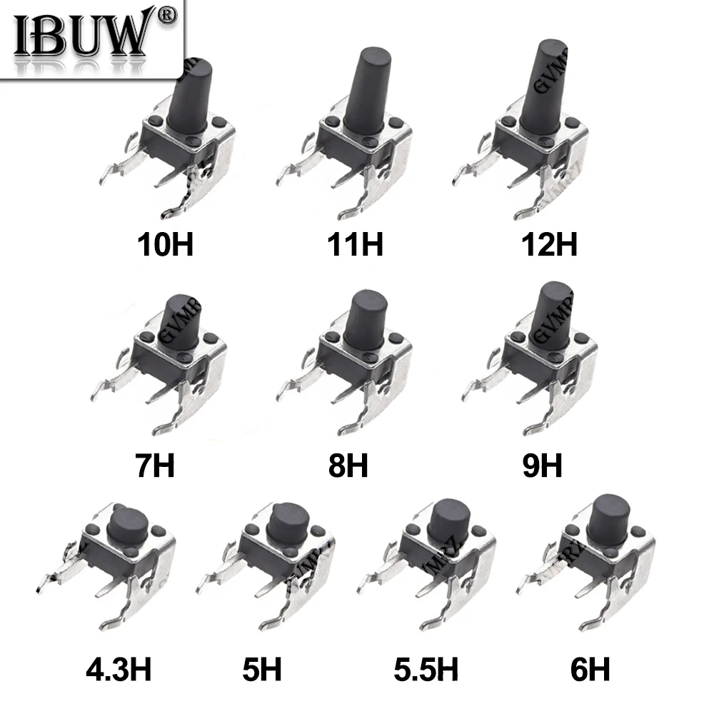 20PCS 6*6*4.3/4.5 4P 4핀 셀프 리셋 스위치 직각 스텐트 포함 5/6/7/7.5/8/9/10mm 6x6 PCB 순간 택트 푸시 버튼