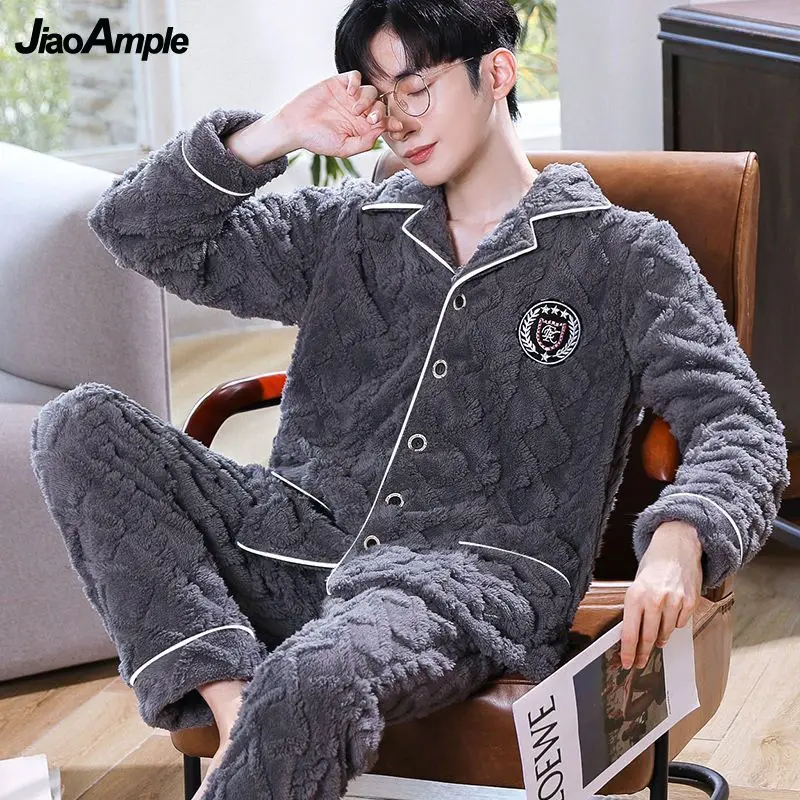 Men's Winter Pajamas 2022 New Fashion Warm Coral Fleece Pajama Sleepwear Male Plus Velvet Thick Nightwear Pyjamas Homewear Suits