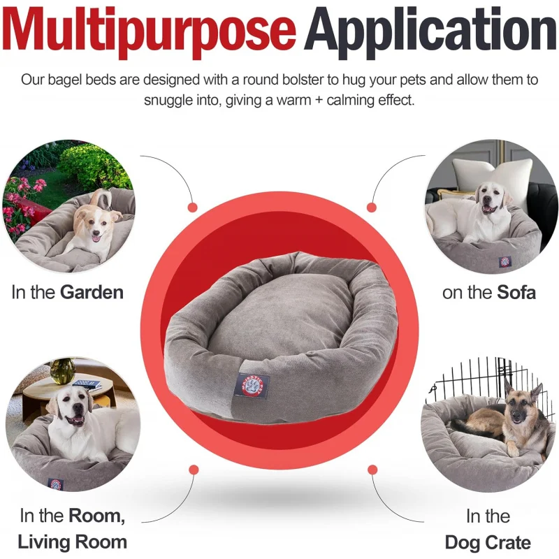 52 Inch Micro Velvet Calming Dog Bed Washable &ndash; Cozy Soft Round Dog Bed with Spine for Support-Fluffy Donut