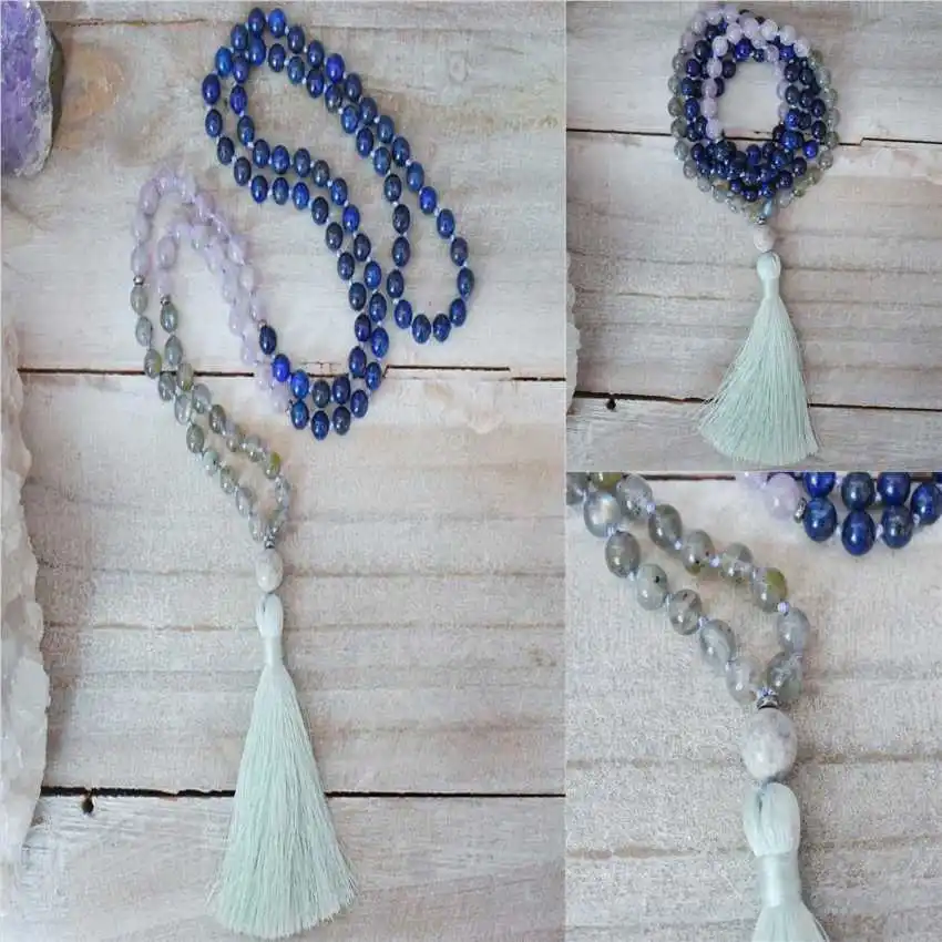 

8mm Natural Lapis Lazuli Labradorite 108 Beads Tassel Necklace Peace Religious Formal event Classic Unisex Minimalist Wood
