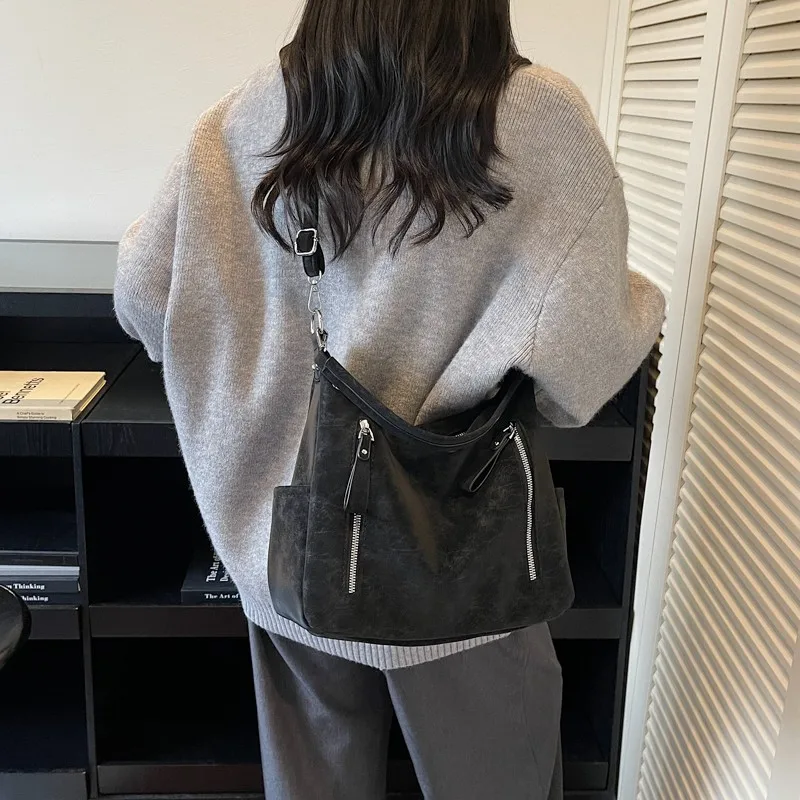 Women Frosted PU Tote Bag with Multi Zipper Underarm Bag Top-Handle Bag Large Capacity for Travel Shopping Daily Use