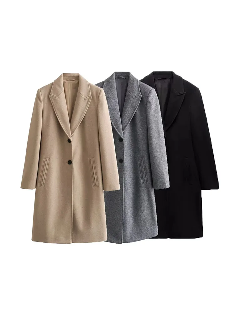 

TRAF Winter Woolen Coat Women Soft Fitting Long Coats 2023 Autumn Winter Vintage Long Sleeve Female Outerwear Chic Tops