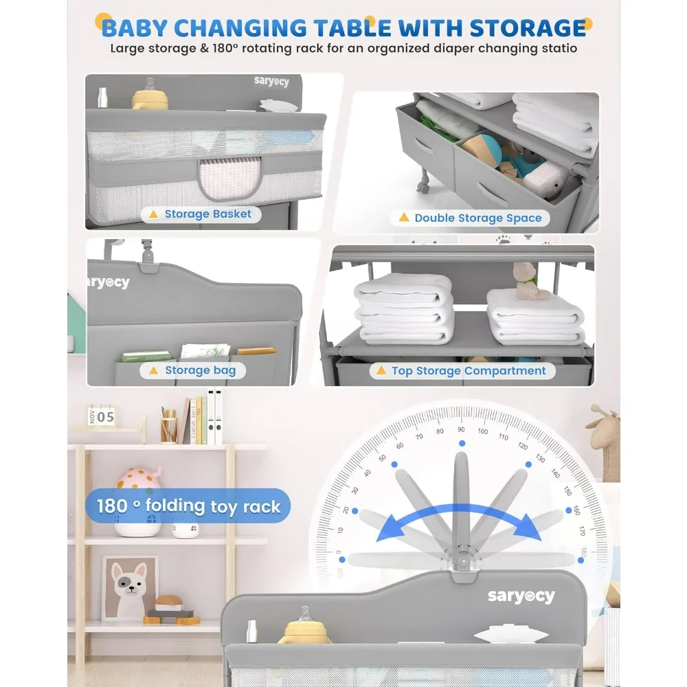 Portable Folding Diaper Changing Table with Waterproof Surface and Adjustable Height, Featuring 2 Storage Drawers for Baby Care