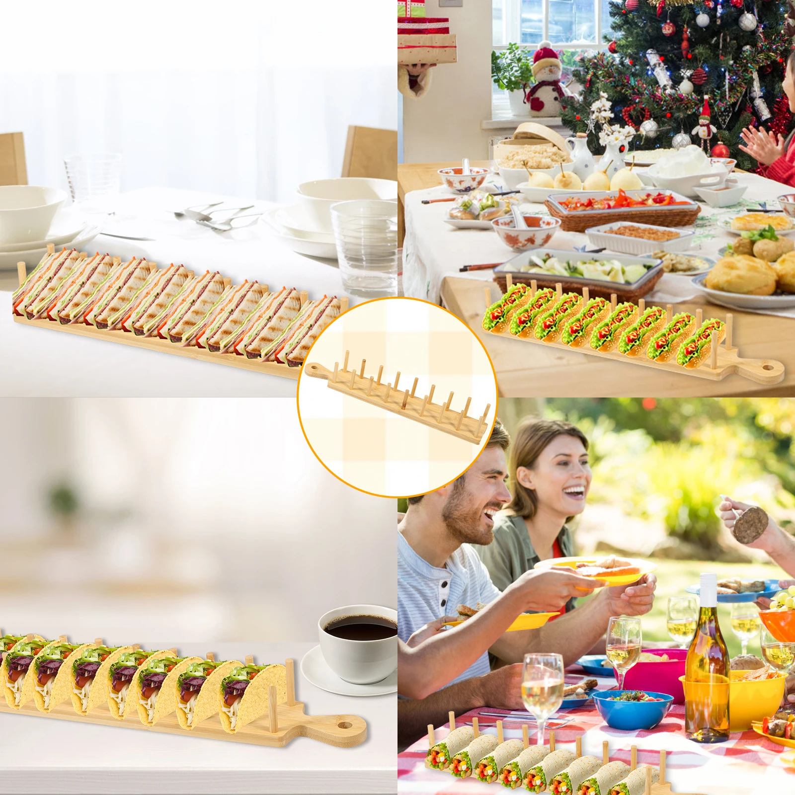 Bamboo Taco Tray with Tong Rectangular Taco Holder Holds Potato Chips Corn Roll Rack Tortilla Burritos Shelf for Home Kitchen