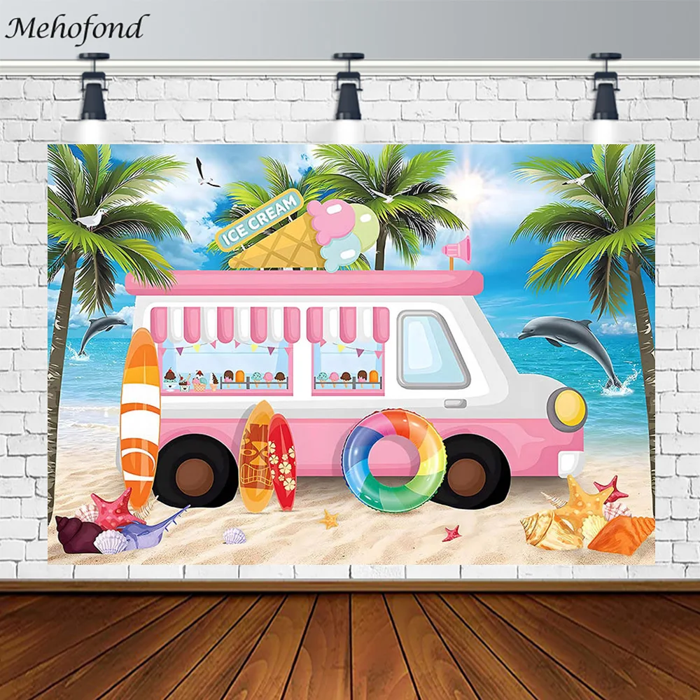 

Фотофон Mehofond для летнего пляжа, мороженое, грузовик, кокосовое дерево, конфеты, машина, день рождения, море, Фотостудия