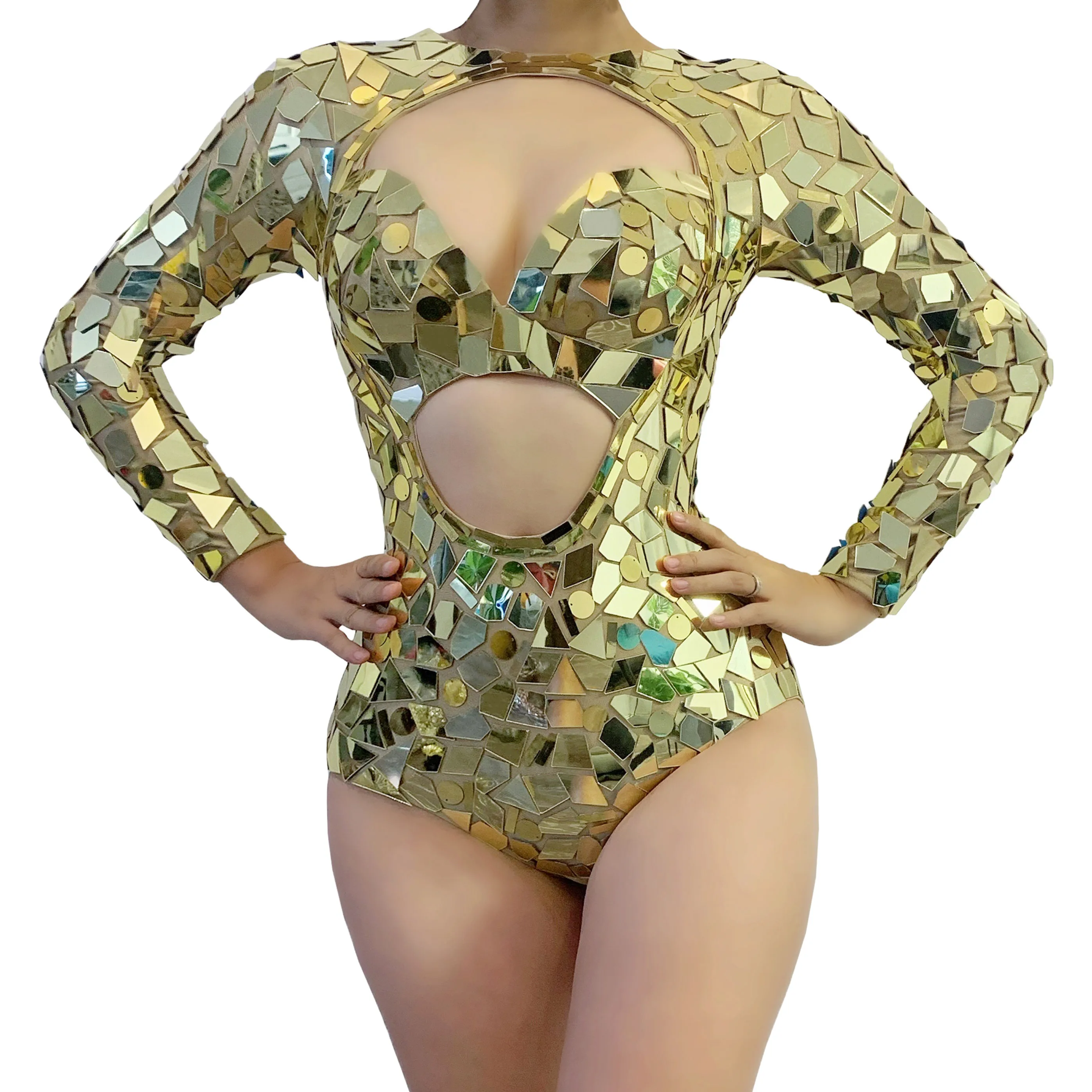 Sexy Silver Mirror Bodysuit Women Team Dance Costume Gold Sequins Hollow Leotard Rave Outfit Nightclub Stage Performance Costume