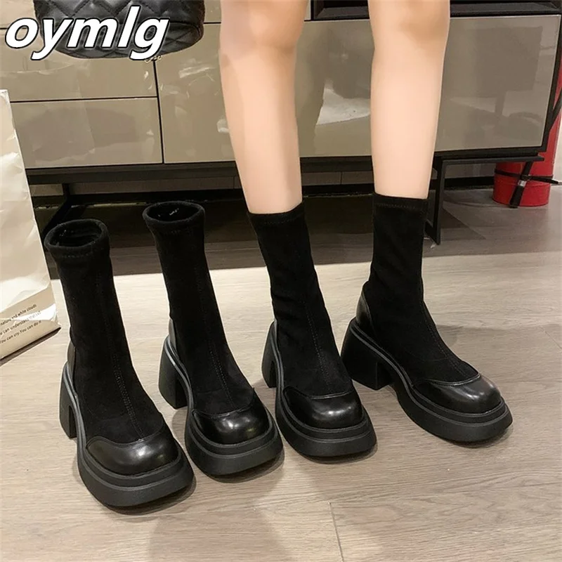 2023Autumn/Winter New Thick Sole Square Head Thick Heel Mid Sleeve Back Zipper Women's Short Boots Super High Heel Fashion Boots