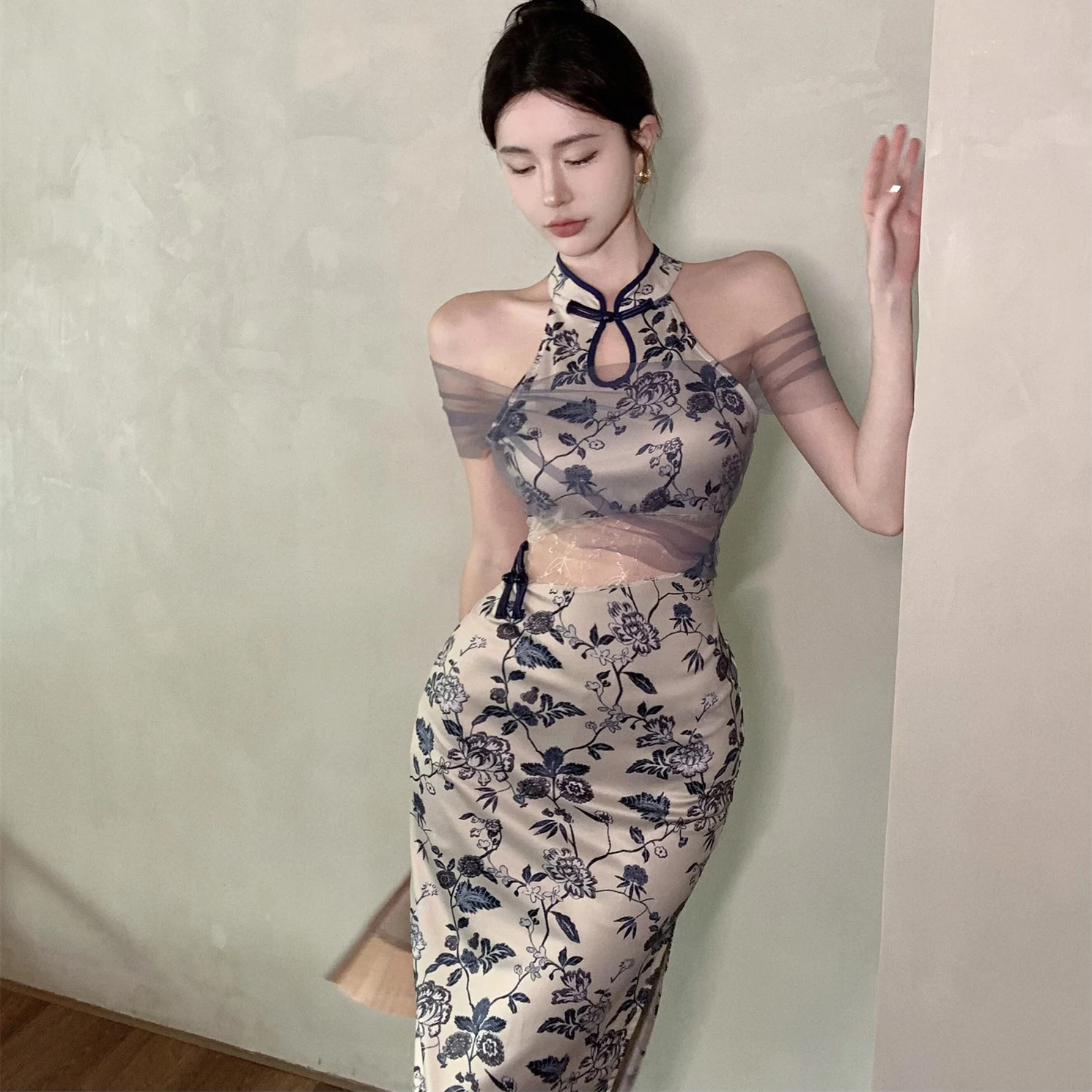 Sexy Off Shoulder Qipao Women New Chinese Style Dresses Lace Patchwork  Hollow Out Cheongsams Lady Satin Print Vestidos Qipao - AliExpress 200000532