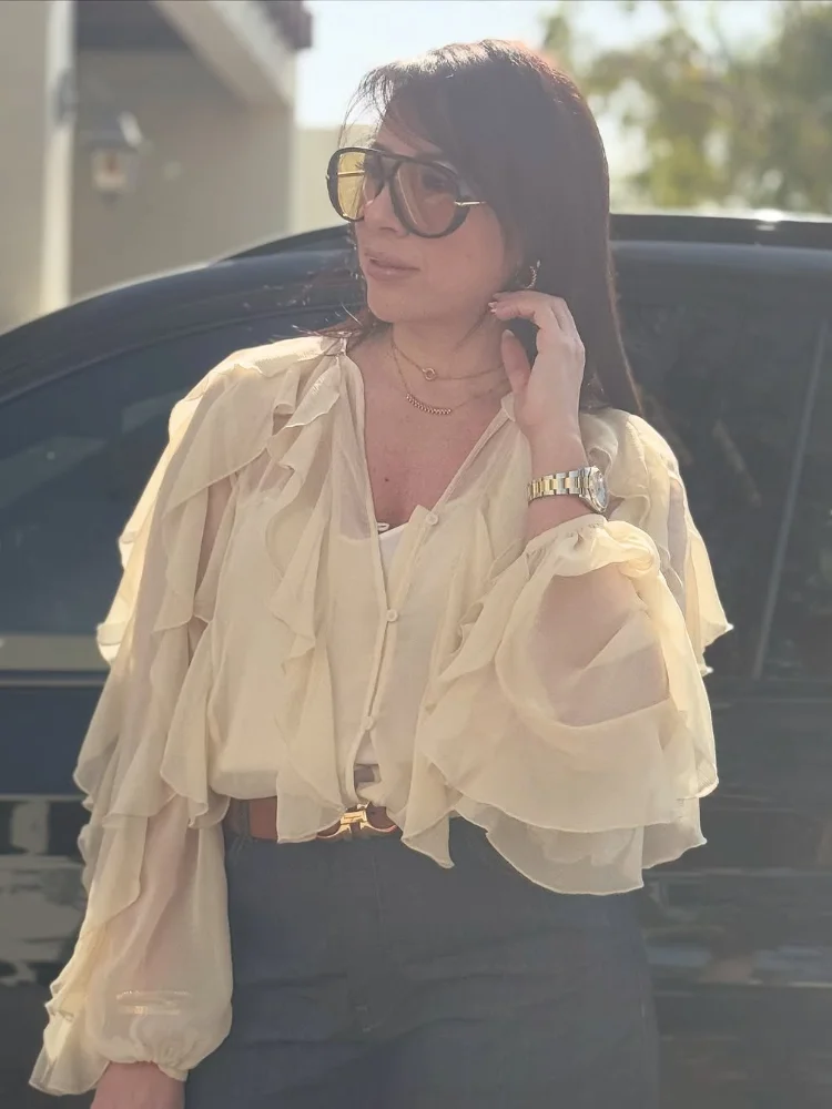 Spring Burgundy Layer Ruffles Shirts For Woman Casual V Neck Full Sleeve Loose Blouse New Female High Street Office Outfits 2025 - Image 4