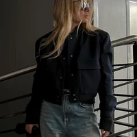 Dark Blue Cropped Jacket Women Long Sleeves Big Pockets Jacket Chic Lady High Street Casual Coats Top Female 2023 New - Image 3