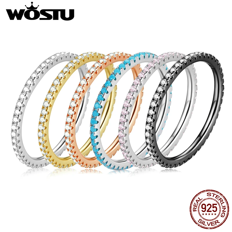 Silver rings WOSTU Genuine 925 Sterling Silver Simple Geometric Round Single Stackable Finger Rings For Women Engagement Jewelry CQR066