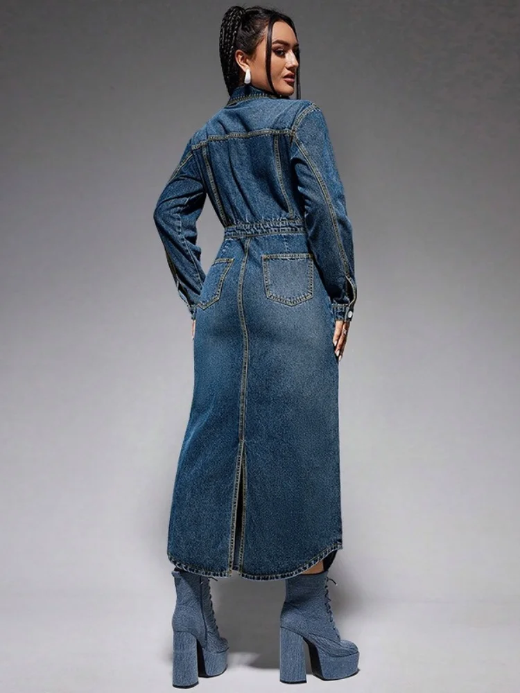 Wmstar Denim Dresses Women Long Sleeve Casual Button Pockets Maxi Dress Fall Clothes Fahion Streetwear Wholesale Dropshipping