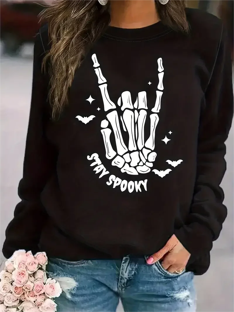 Women's Skull Hand Print Sweatshirt, Casual Long Sleeve Sweatshirt, Creative Crew Neck Clothing Tops, Designer Pullover 2024