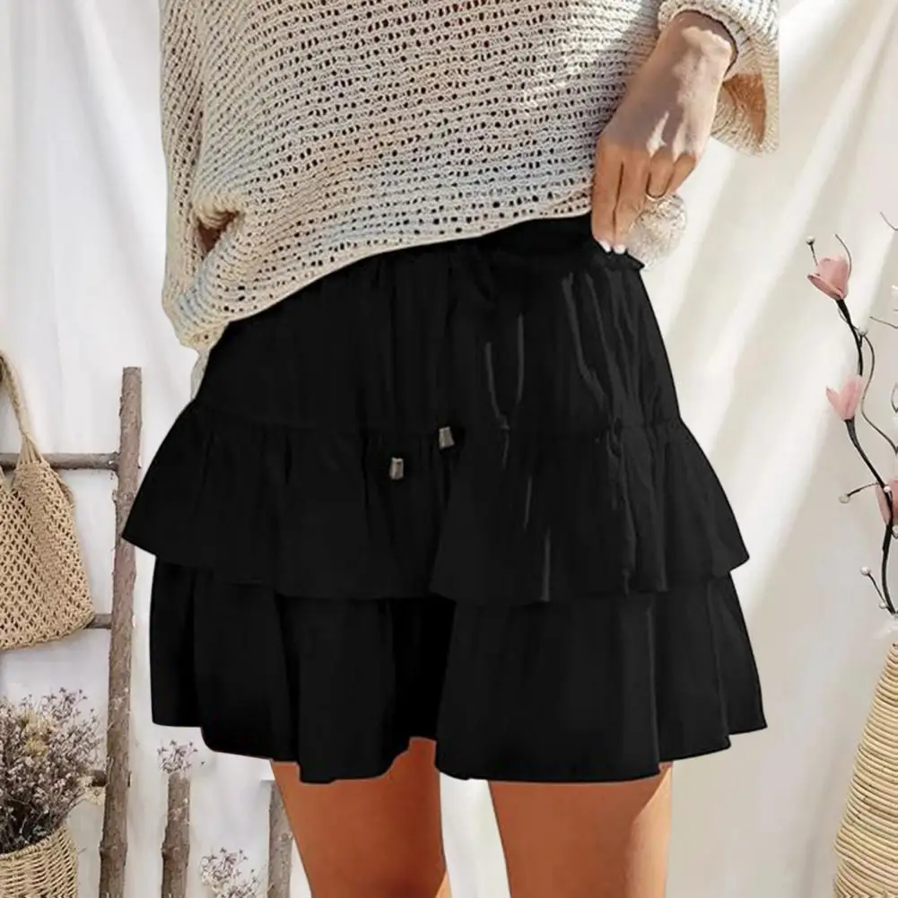 Pleated A-Line Skirt Women White Ruffle Sweet Tierred Pretty Style Skirt Elastic Waist Summer Slim Basic Korean Harajuku Dress