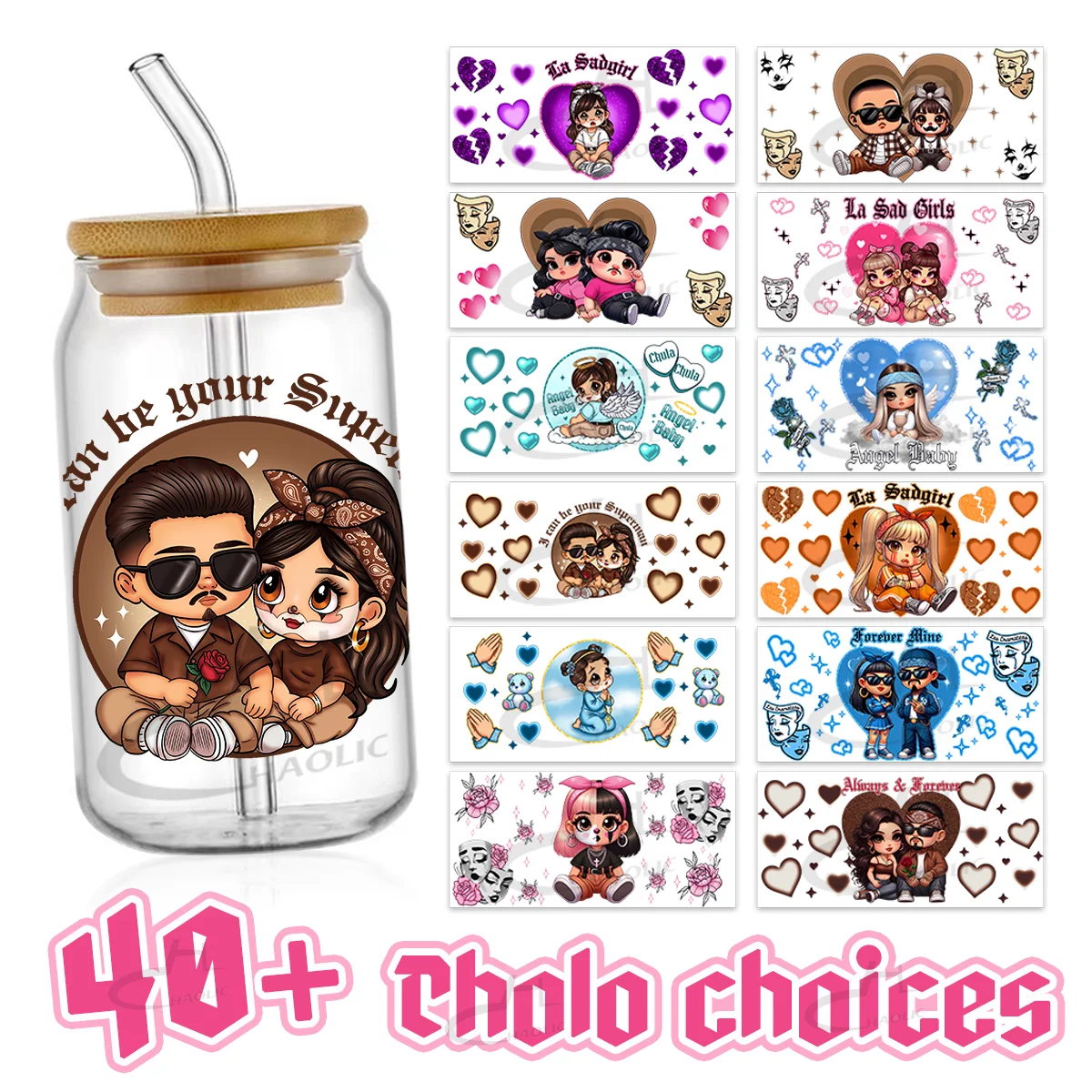

UV DTF Bundles Cholo Babies Valentine Chicana Friends 16Oz Libbey Glass Can DIY Waterproof Easy To Use