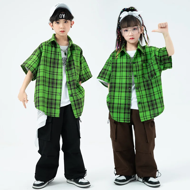 

Jazz Dance Costume Kid Hip Hop Clothes Plaid Short Sleeve Shirt Brown Black Cargo Pants Practice Clothes Kpop Performance Outfit