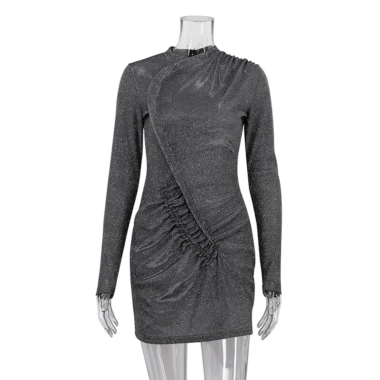 Minivestido plateado brillante para mujer, sexy, de manga larga, fruncido, con cordón ajustable, para fiesta, noche, club, ajustado