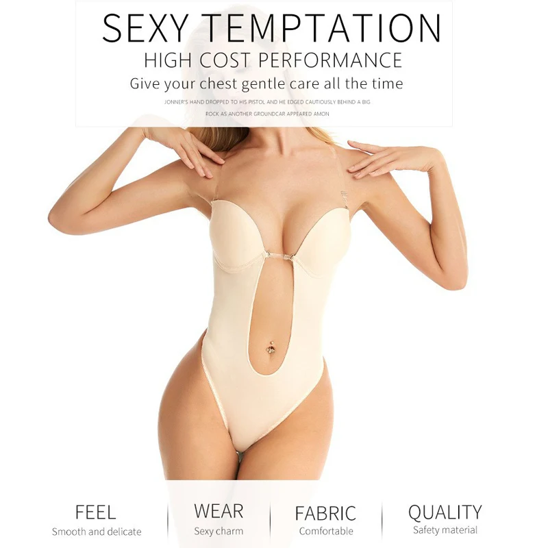 Backless Full Body Shaper - Push-Up Deep V Bra Plunge Bodysuit Thong Shapewear, Sizes S-XL 10 thumbnail image