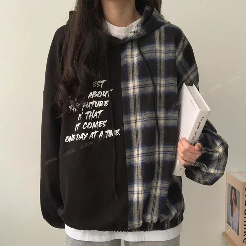 Fashion Printing Spliced Plaid Lace Up Hooded Sweatshirts Female Clothing 2023 Winter Loose Casual Tops Korean Warm Sweatshirts