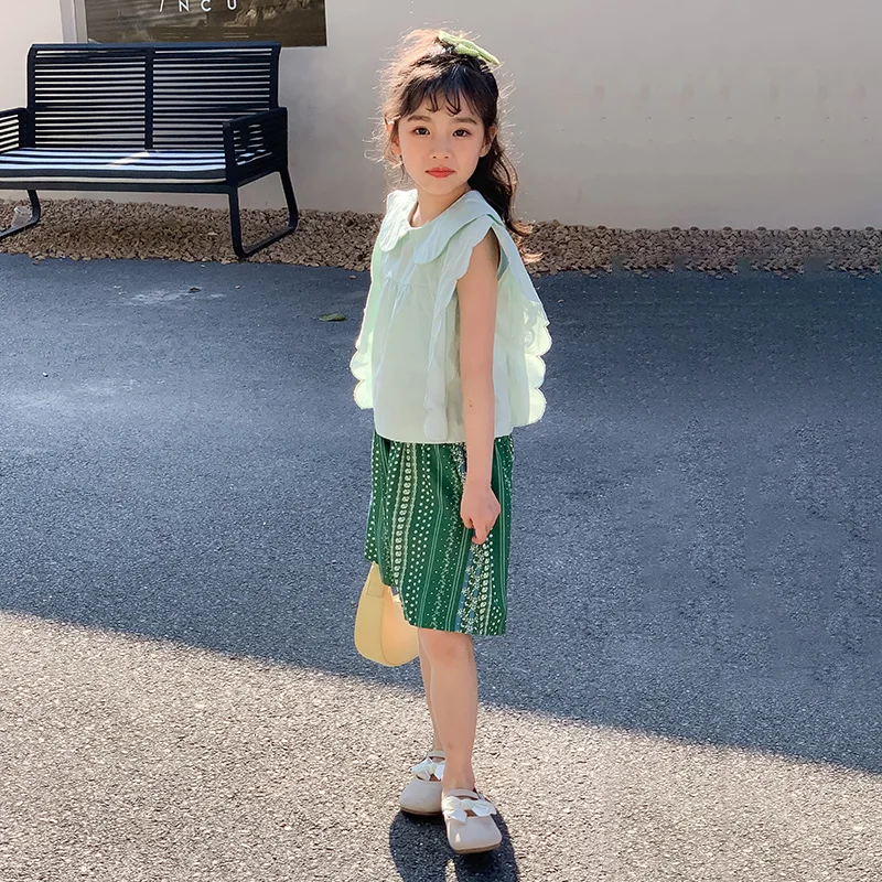 Jucpkid 2024 Coreano Estate Adolescente Ragazza 2 Pezzi Vestiti Set Junior Ragazza Peter Pan Colletto Camicia + Pantaloncini Stampati Set Per Bambini