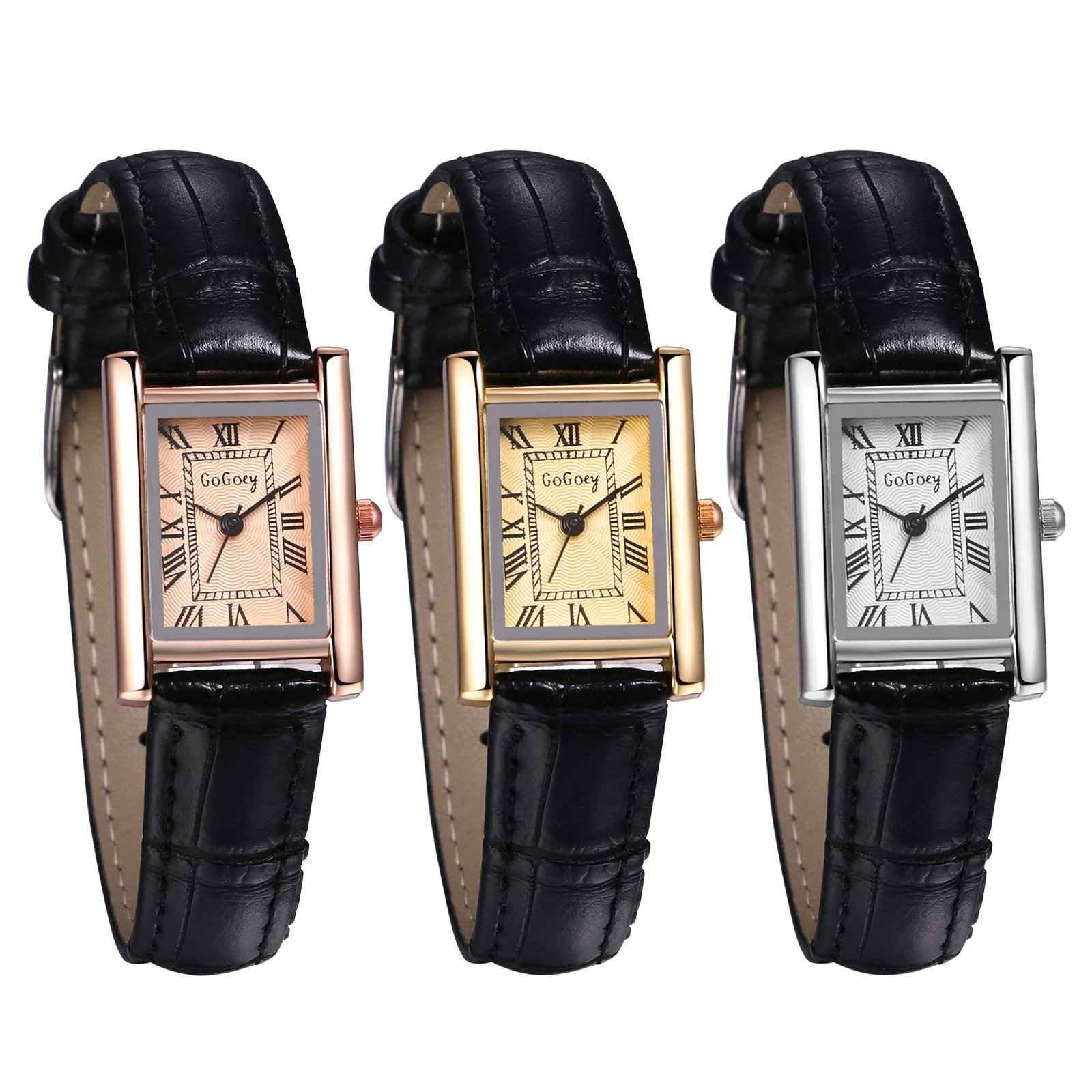 Lancardo Leather Rectangular Women Small Watch Silver Rectangular Roman Numerals Premium PU Strap Black Women's Exquisite Watch