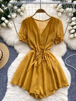 Foamlina Casual Women Summer Playsuits Solid Color Polka Dot V Neck Short Sleeve Buttons Elastic Waist Wide Leg Shorts Jumpsuits - Image 2